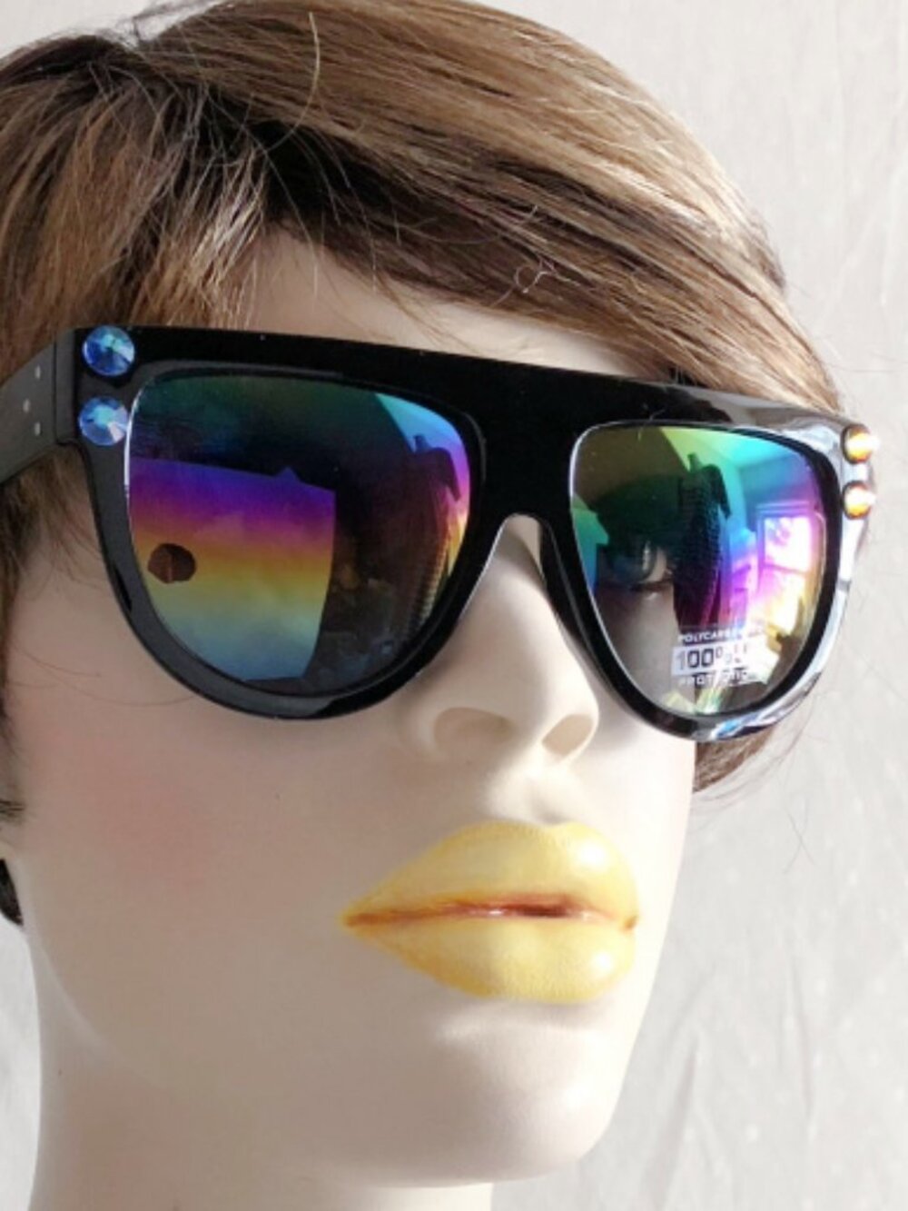 Black Flat Top Oversized Sunglasses Rainbow Mirror Lens Swarovski Crystal